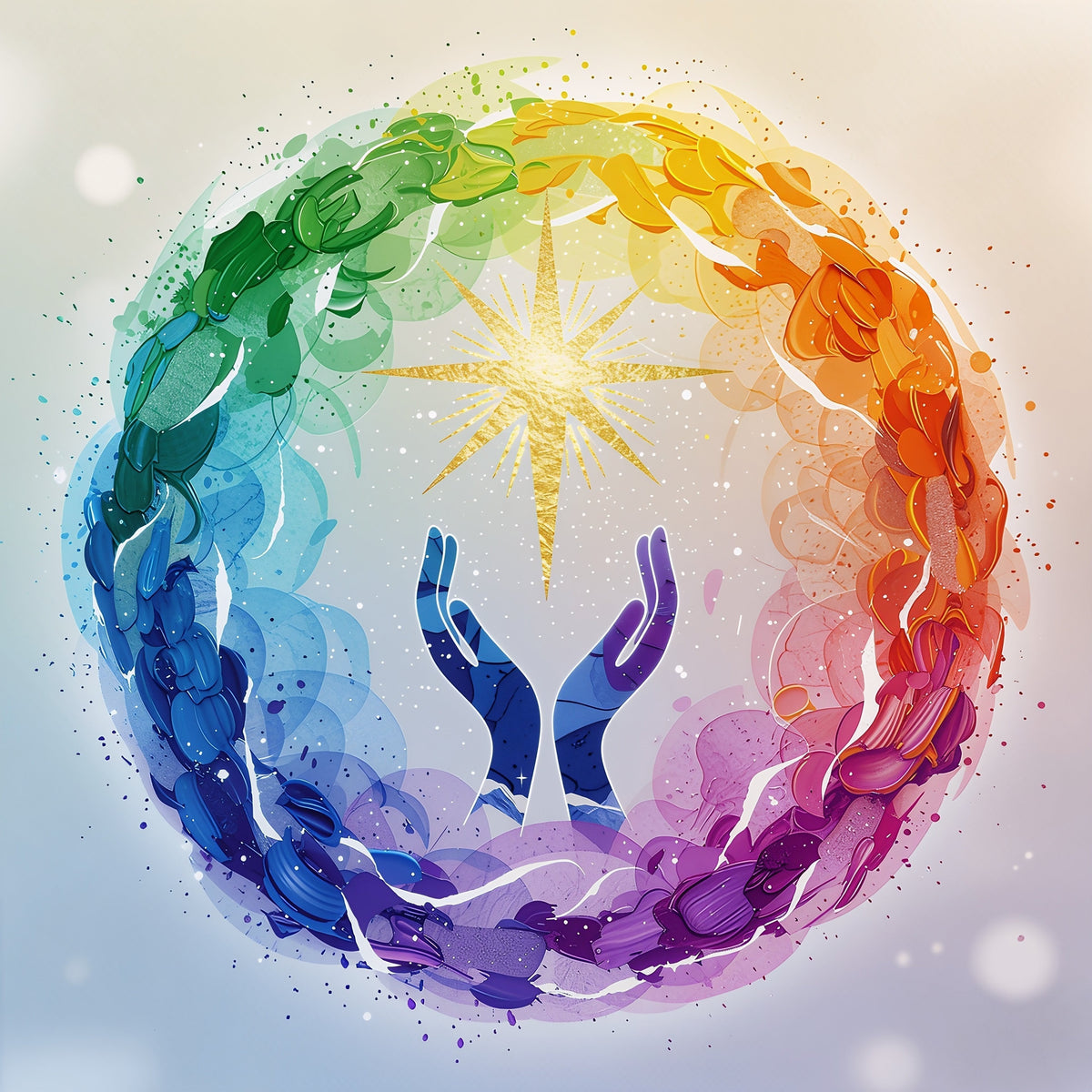 Circular wreath of linked rainbow-colored shapes surrounding two upraised blue-purple hands beneath a radiant golden star on a pale background.