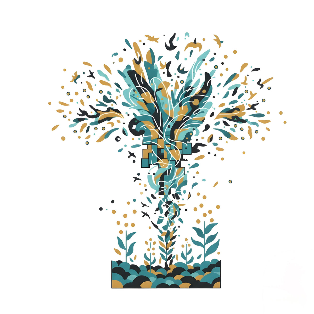 Abstract tree-like spray of teal, navy, and gold leaves, seeds, and bird shapes rising above small seedlings and rounded soil shapes.