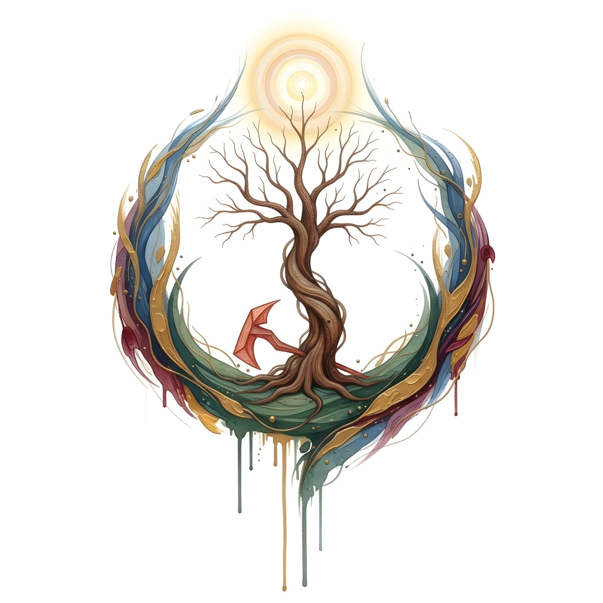 Bare twisting tree with an orange axe beside its roots, framed by flowing green, blue, gold, and burgundy bands beneath a glowing golden circle.