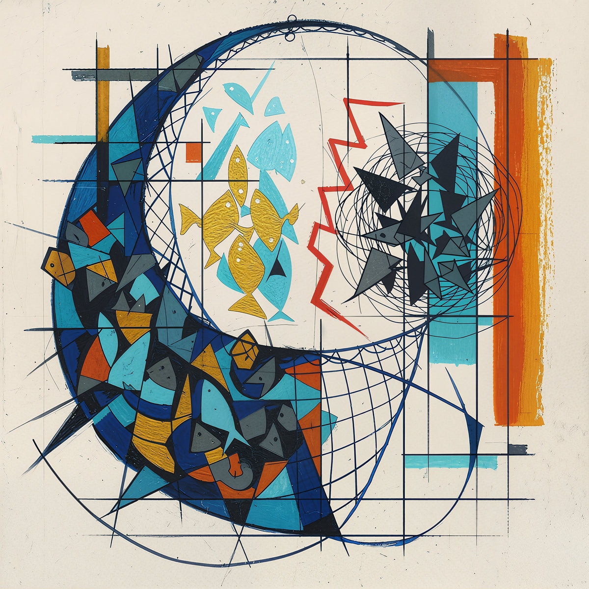 Curved dark blue fishing net surrounding gold and turquoise fish, with geometric fragments, fine grid lines, a red zigzag, and tangled black lines.