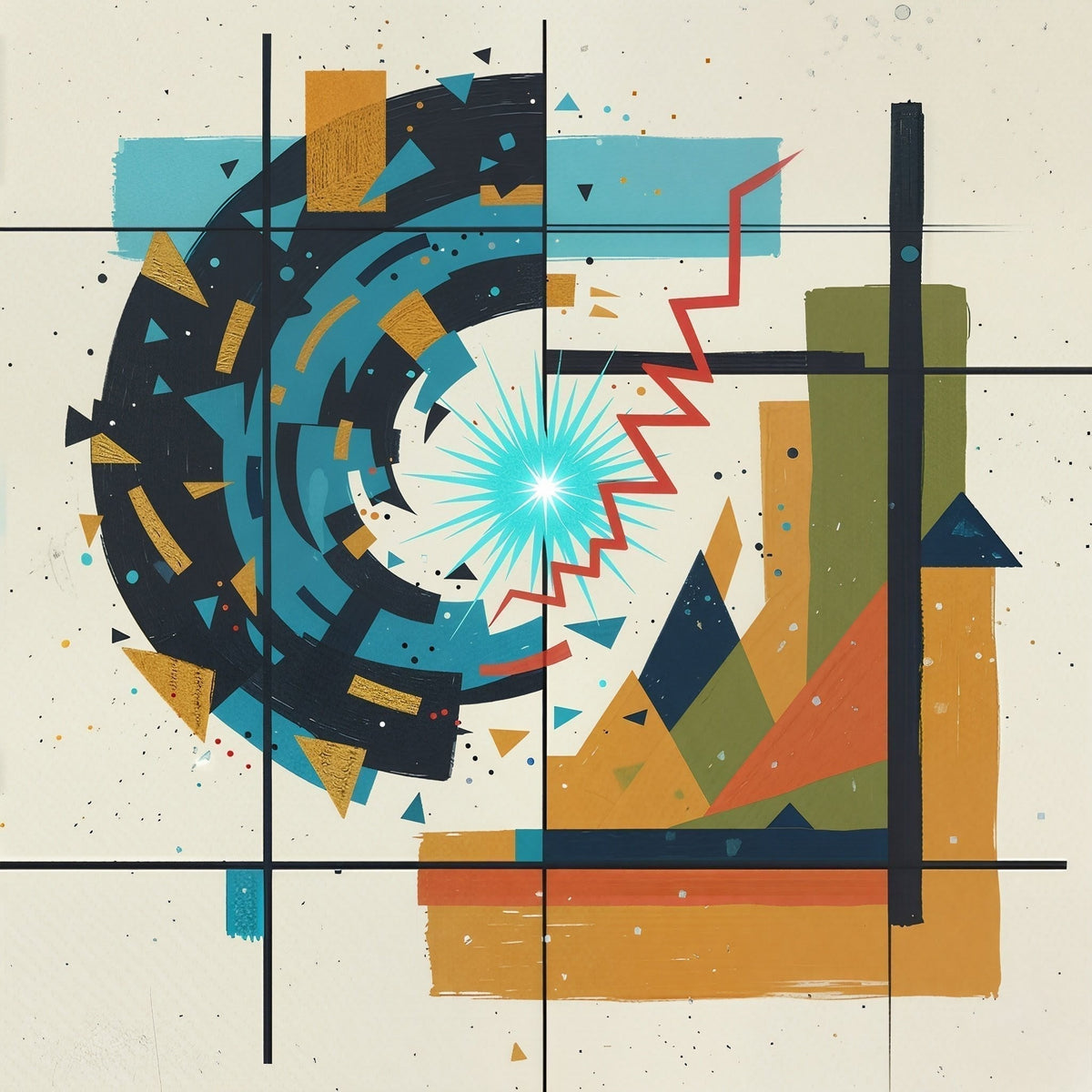 Abstract artwork with dark blue curved fragments around a bright turquoise starburst, a red zigzag, and large gold, orange, and olive geometric forms on a black grid.