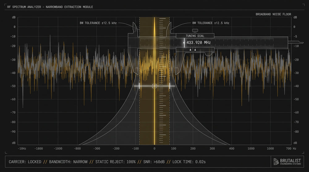 Technical CAD schematic displaying narrowband radio frequency tuning and noise floor static rejection for Inquiry 015.