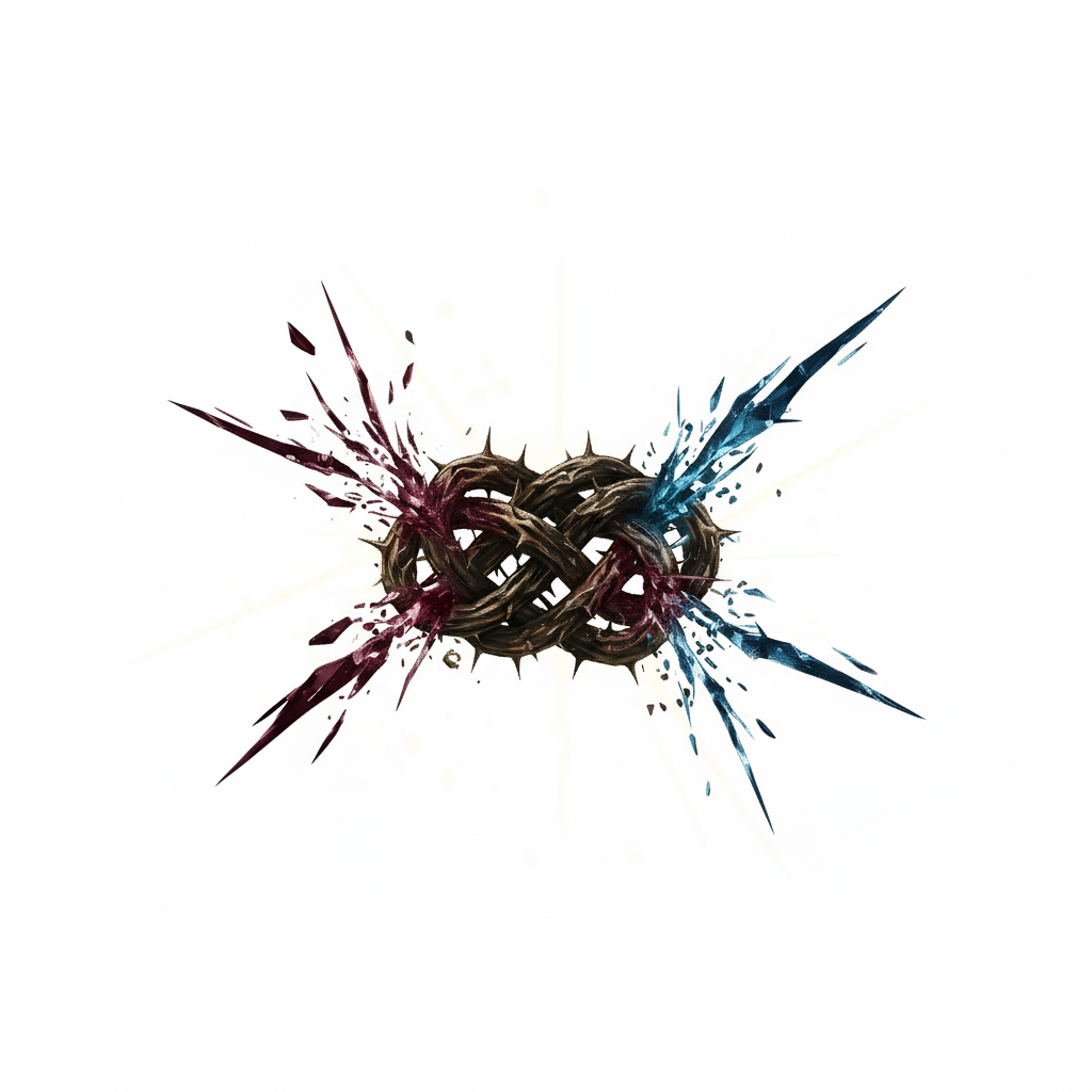 Dark interwoven thorny loops with sharp burgundy splashes extending left and blue splashes extending right on a white background.