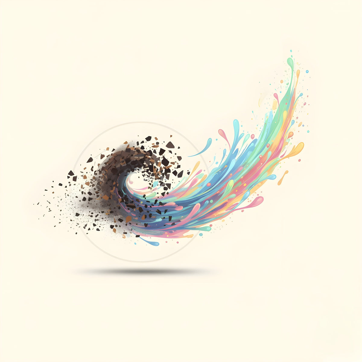 Floating spiral with a dark, crumbling center that unfurls into flowing turquoise, blue, pink, and yellow ribbons on a pale cream background.
