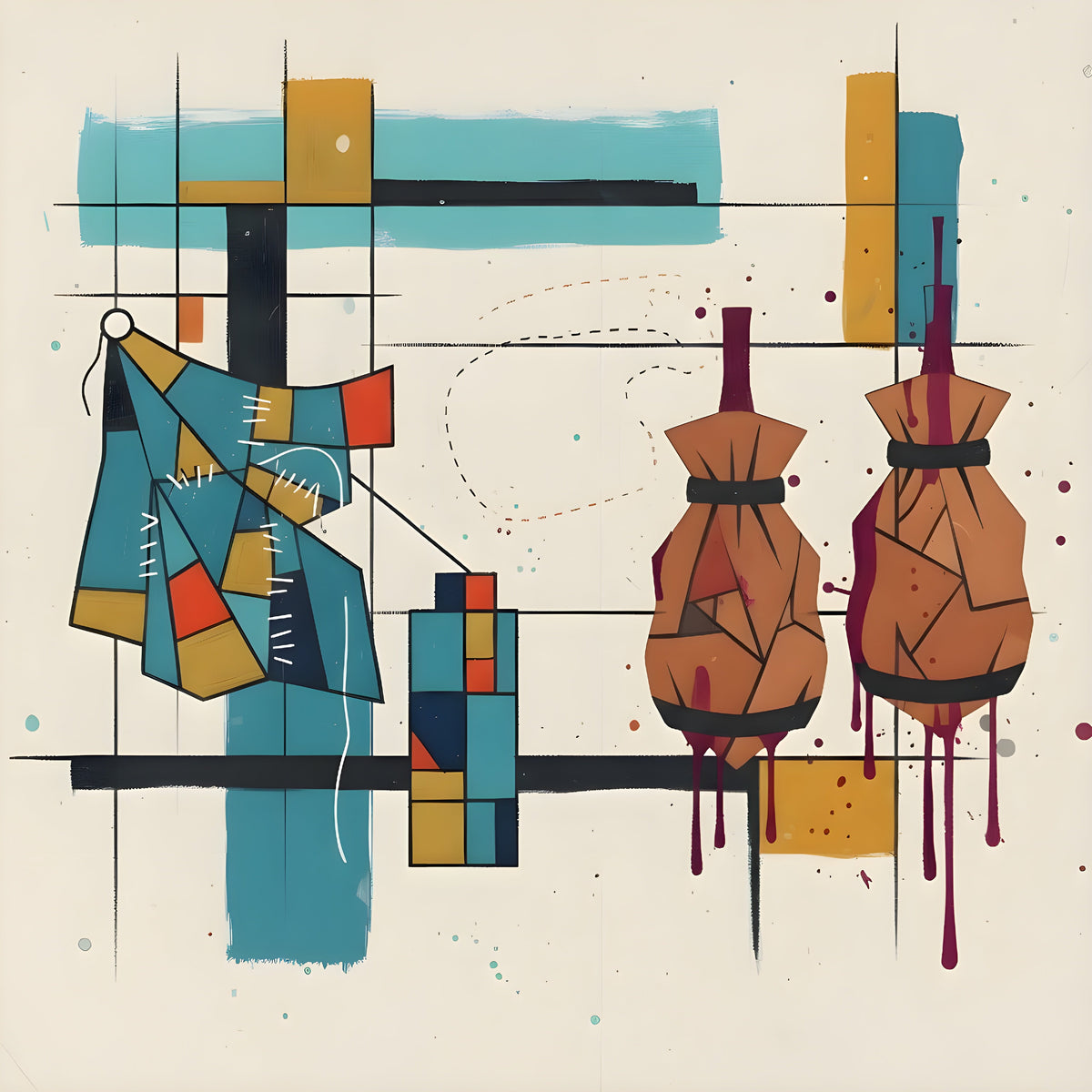 Geometric artwork of a stitched patchwork garment beside two brown tied wineskins with burgundy drips, teal and gold blocks, and black grid lines.