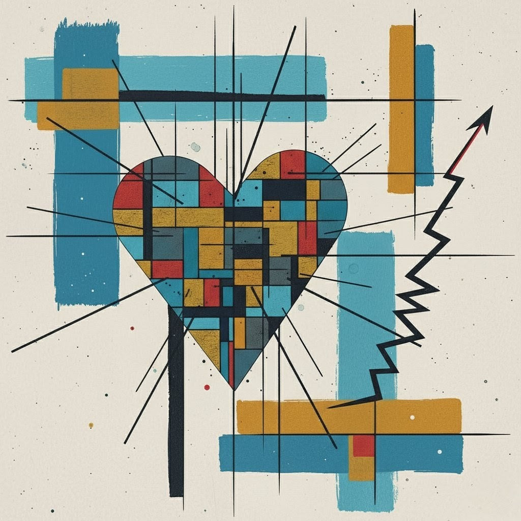 Abstract geometric heart composed of colorful blocks being pierced by thin searching lines, with an upward arrow representing God's guidance in Psalm 139.