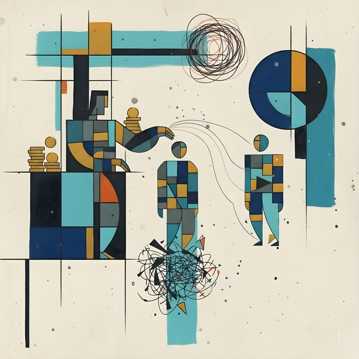 Geometric scene with a seated figure beside stacks of gold coins and two standing figures, one above a tangle of dark lines, against teal blocks and a black grid.
