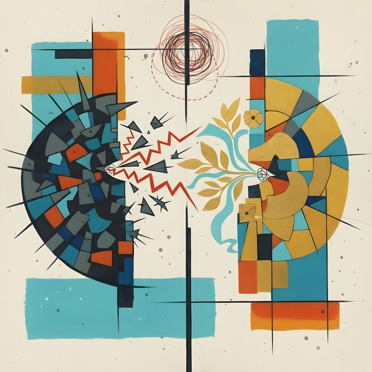 Two opposing geometric profiles: a dark fragmented face emitting red zigzags on the left and a gold face releasing leaves and flowing teal lines on the right.