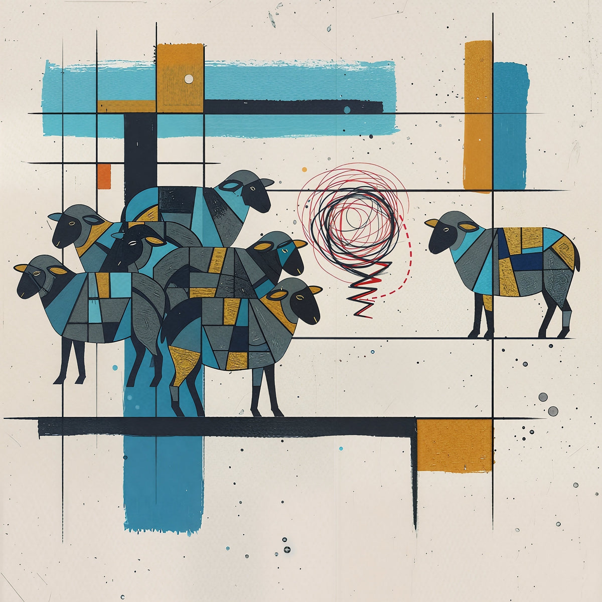 Geometric sheep artwork with a flock grouped on the left and one sheep on the right, separated by tangled black and red lines amid teal and gold blocks.