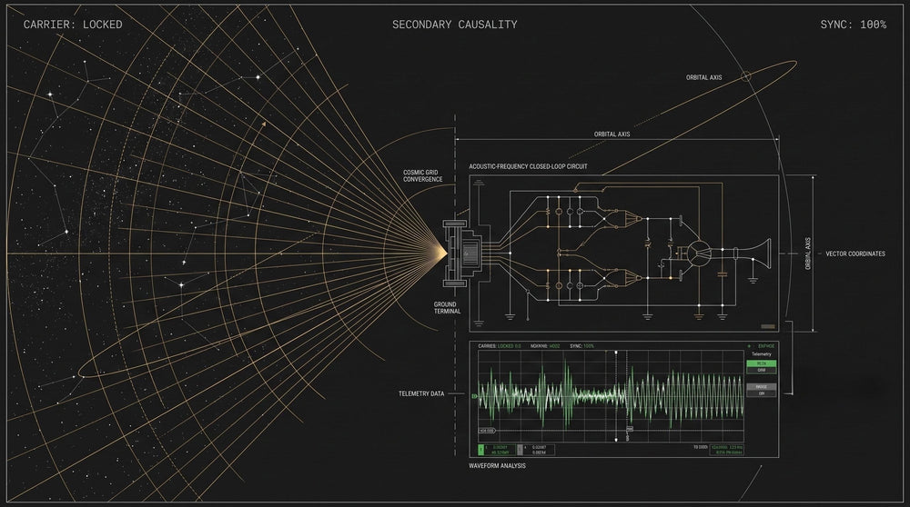 Technical CAD schematic displaying frequency telemetry calibration and secondary causality circuits for Inquiry 010.
