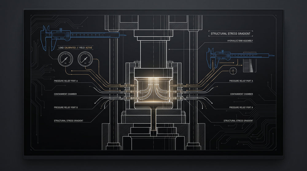 Technical CAD schematic showing hydraulic press fluid extraction dynamics and compression tolerances for Inquiry 011.