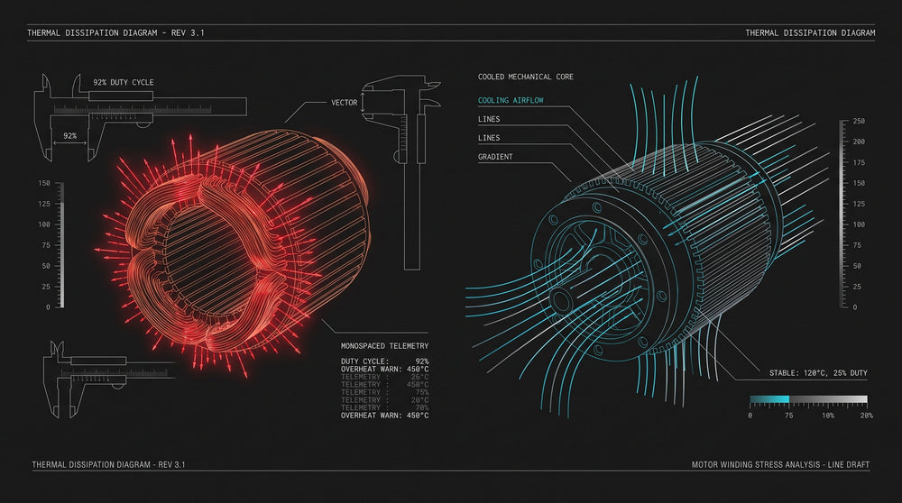 Technical CAD schematic illustrating industrial duty cycle limits and thermal dissipation physics for Inquiry 005.