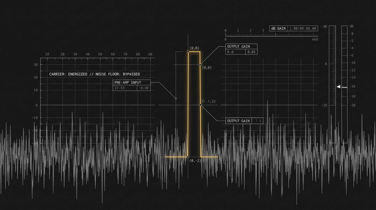 Technical CAD schematic displaying RF signal gain amplification and noise floor penetration physics for Inquiry 013.