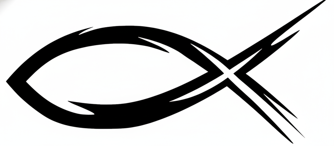 Stylized black Ichthys fish symbol representing the Greek acronym "Jesus Christ, Son of God, Savior."