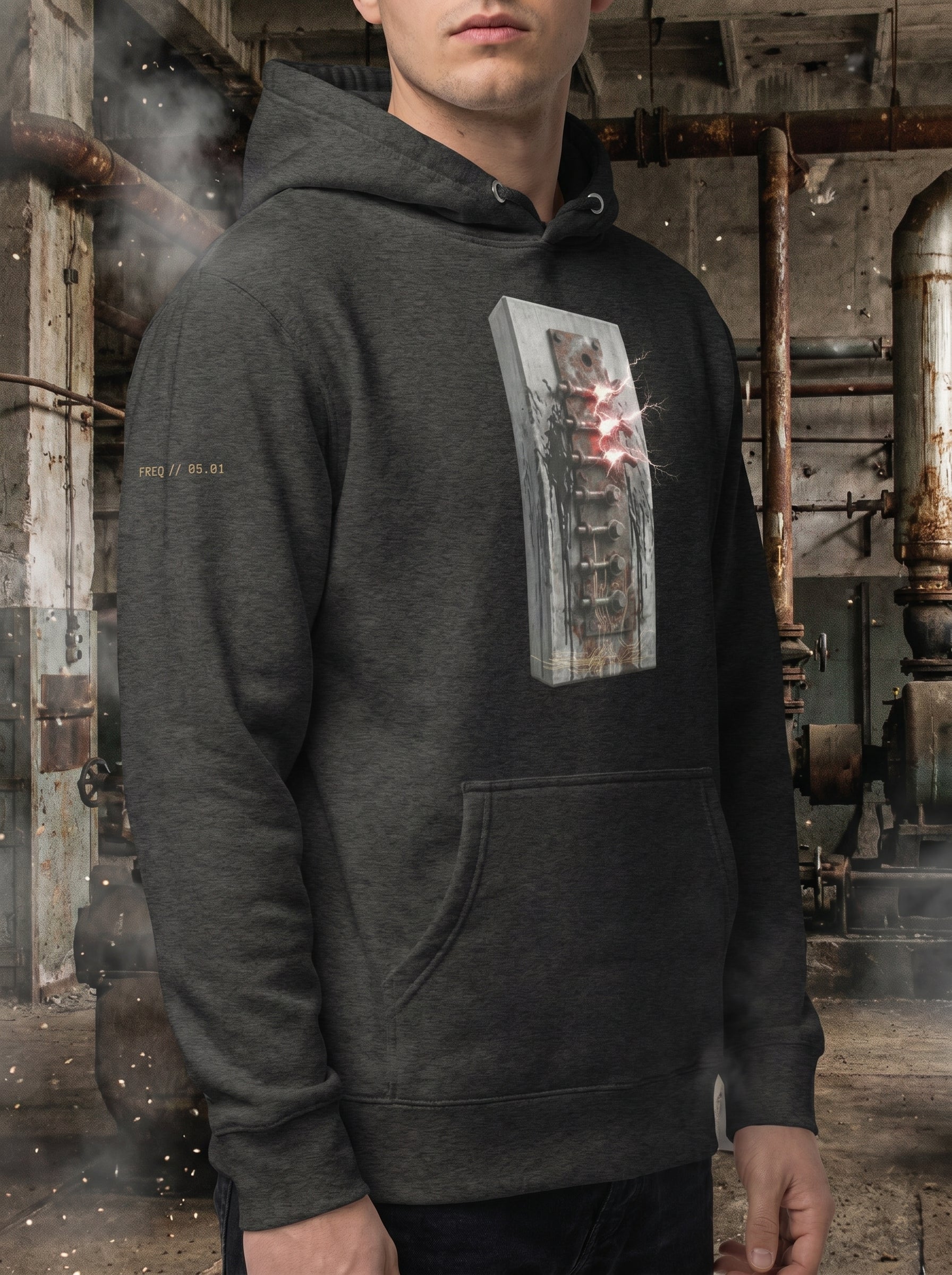 Model wearing the Charcoal Heather Transmission: Override // FREQ 05.01 hoodie, showcasing the premium fabric texture and brutalist art print in an industrial concrete setting.