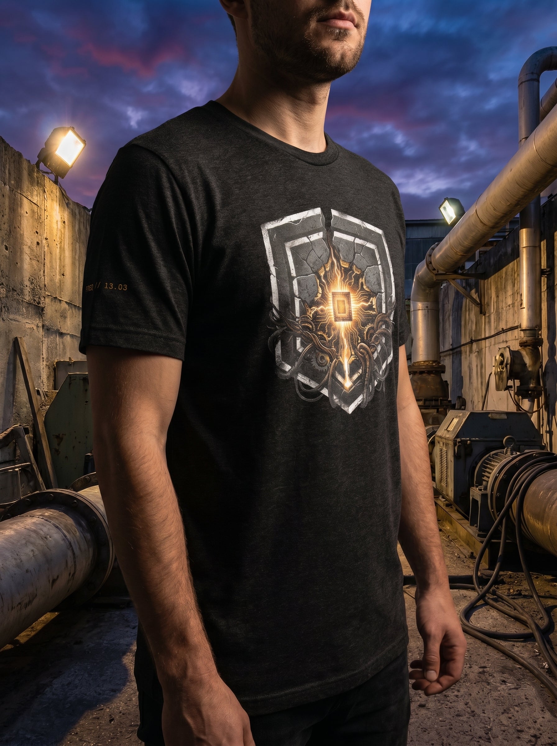 Outdoor lookbook photograph of a model wearing the dark gray graphic t-shirt with the golden circular micro-chip emblem. The model is positioned against a gritty, real-world industrial backdrop composed of exposed concrete and weathered structural elements under daylight.