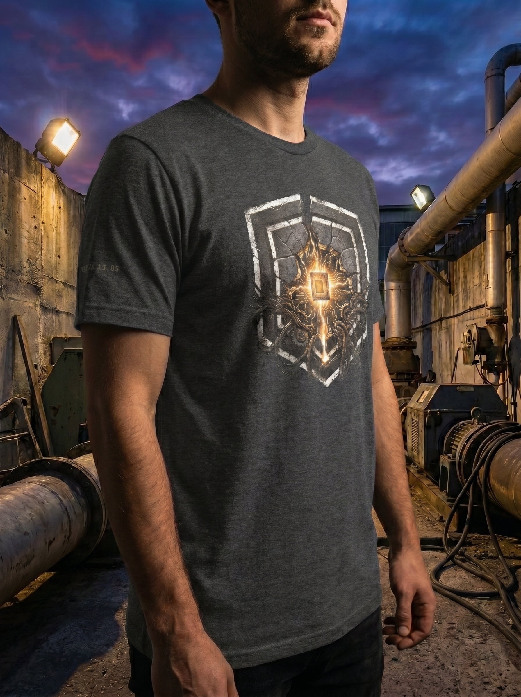 Close-up outdoor apparel photo focusing on the upper chest and fabric texture of the dark gray heather premium t-shirt. The image highlights the high-fidelity details of the golden mechanical core and circular line-work graphic, set against a blurred background of industrial infrastructure.