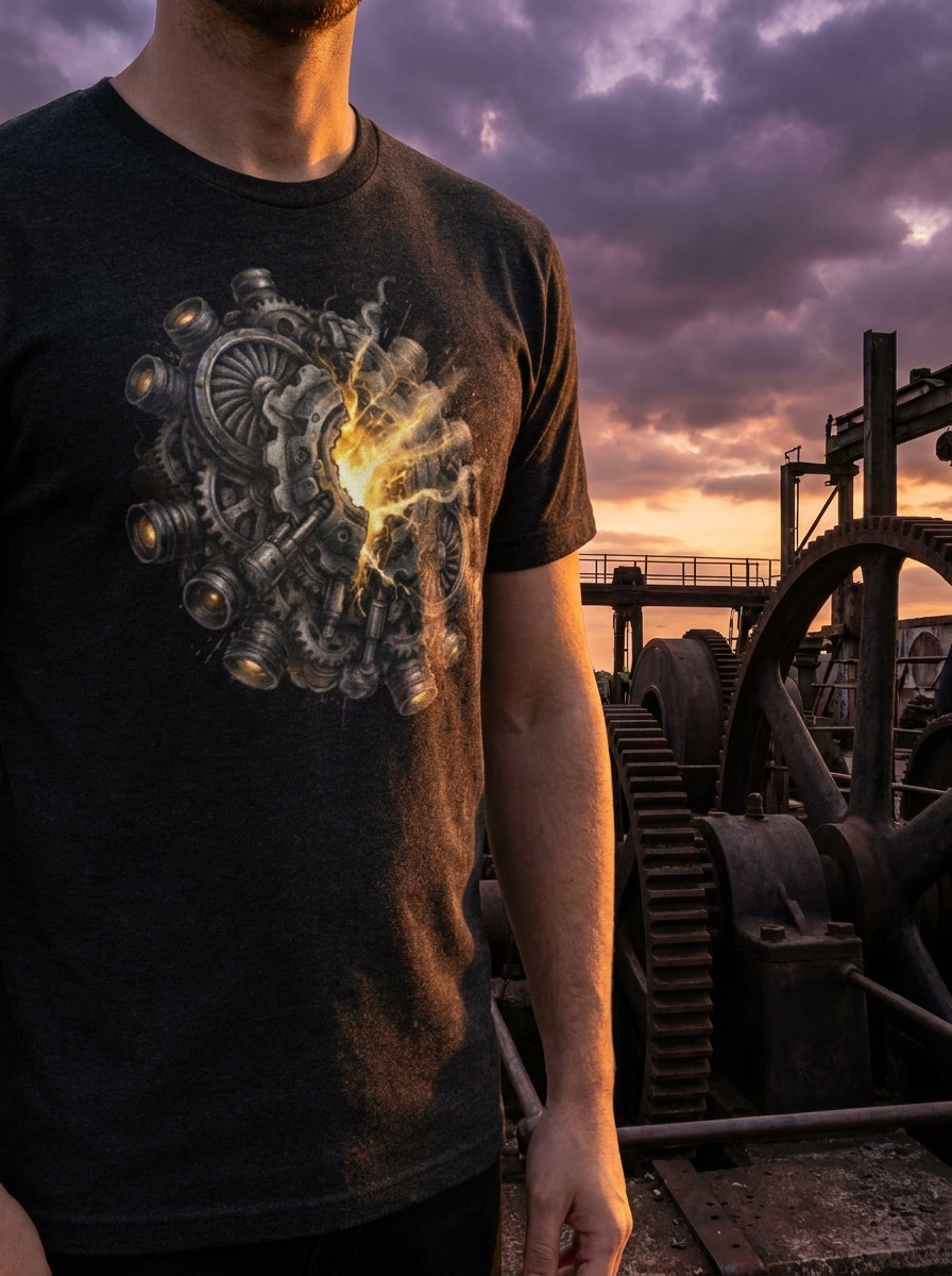 Person wearing a dark t-shirt with a mechanical design, standing in front of industrial machinery and a sunset sky.