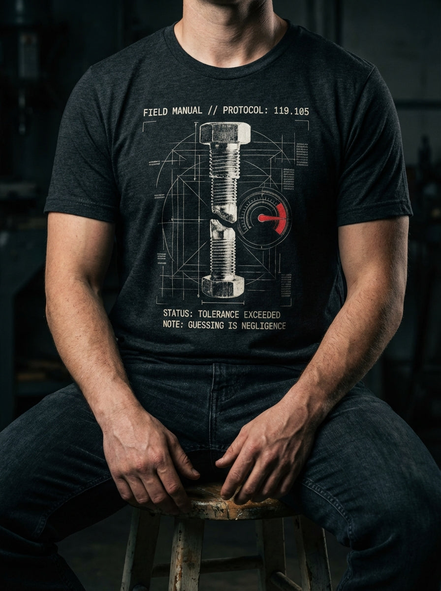 "Selah Supply Co. Component: Torque Spec 119.105 black heather Christian t-shirt. Model in a gritty workshop wearing an industrial graphic tee that uses a sheared bolt as a metaphor for ignoring biblical instructions in Psalm 119:105."