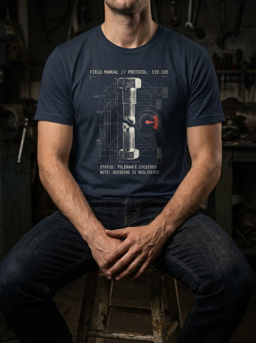 "Selah Supply Co. Component: Torque Spec 119.105 heather navy Christian t-shirt. Industrial streetwear design showing a snapped bolt and technical grid overlay based on Psalm 119:105. Premium faith-based clothing for those who value objective truth."