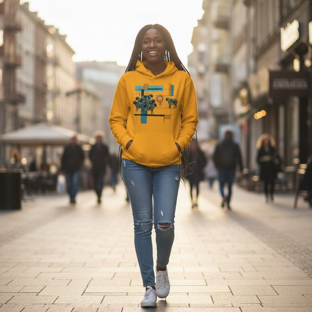 Selah Supply Co. The Parable of the Lost Sheep Hoodie in team gold, front view.