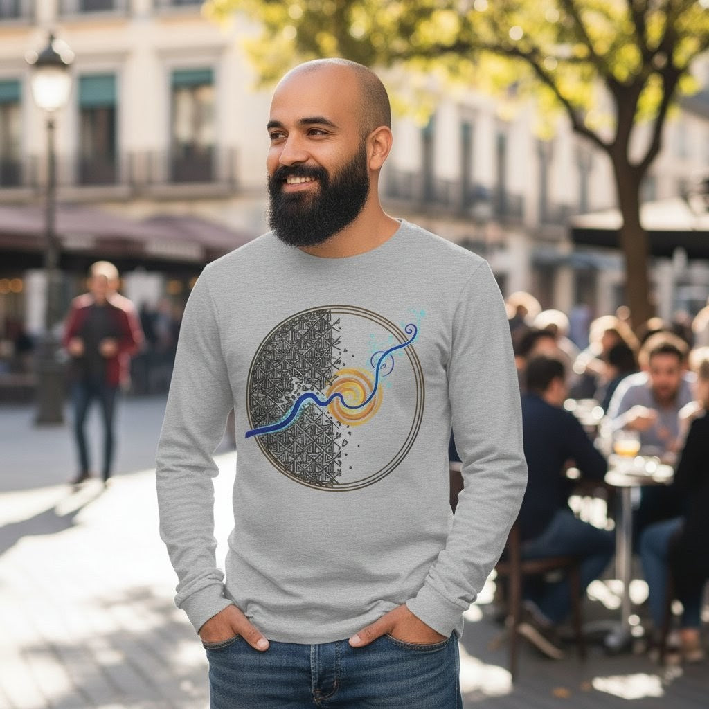 Man wearing a gray sweatshirt with a graphic design on a city street.