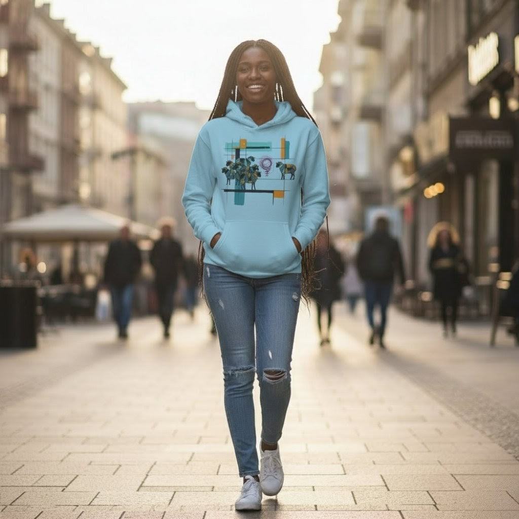 Selah Supply Co. The Parable of the Lost Sheep Hoodie in Carolina Blue, front view.
