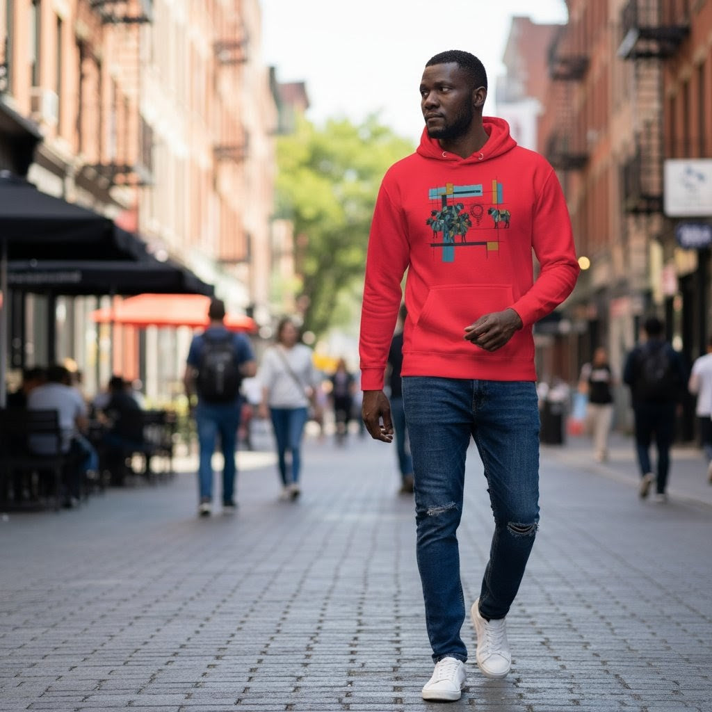 Selah Supply Co. The Parable of the Lost Sheep Hoodie in team red, front view.