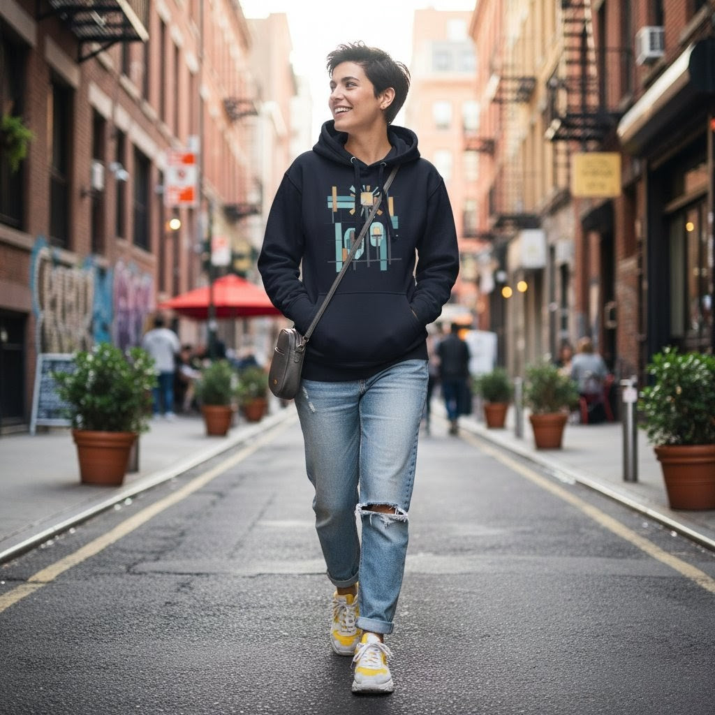 Selah Supply Co. The Parable of the Lamp Stand Hoodie in Navy Blazer, front view.