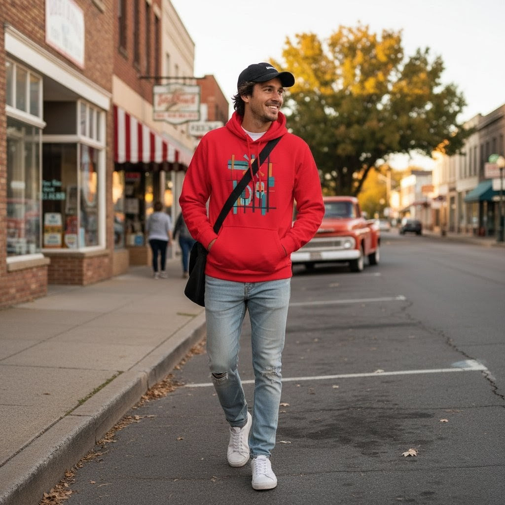 Selah Supply Co. The Parable of the Lamp Stand Hoodie in Team Red, front view.