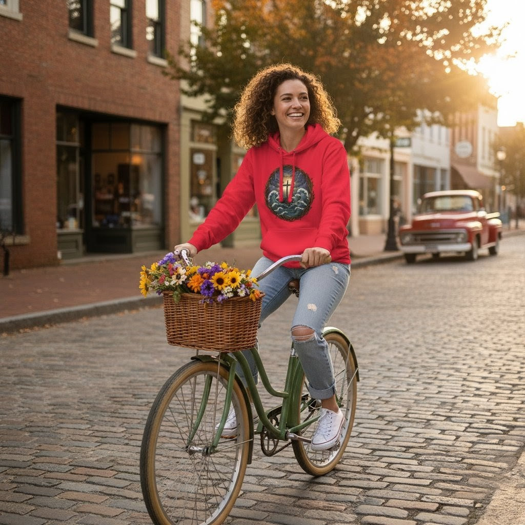 Woman riding a bicycle with a basket full of flowers on a city street.