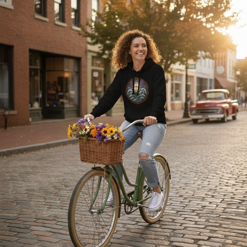 Woman riding a bicycle with a basket full of flowers on a cobblestone street.