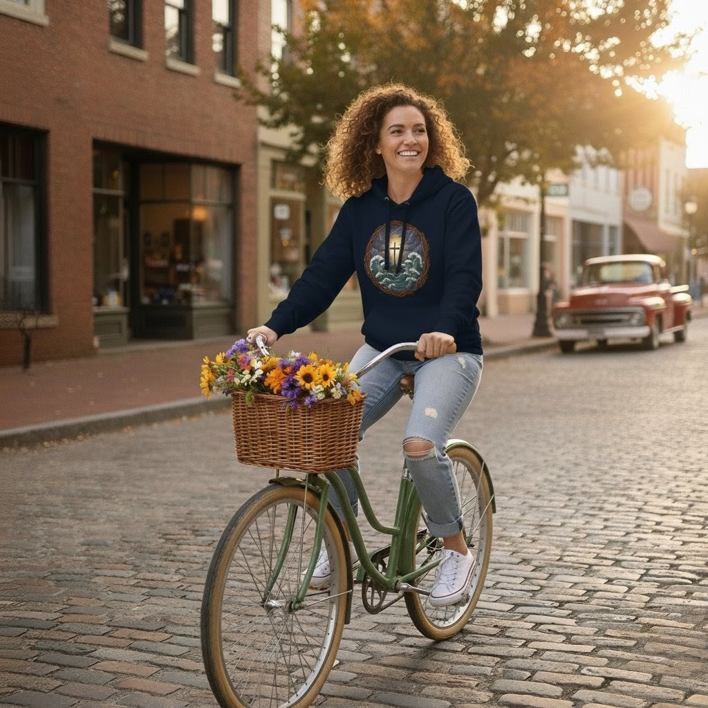Woman riding a bicycle with a basket of flowers on a cobblestone street.