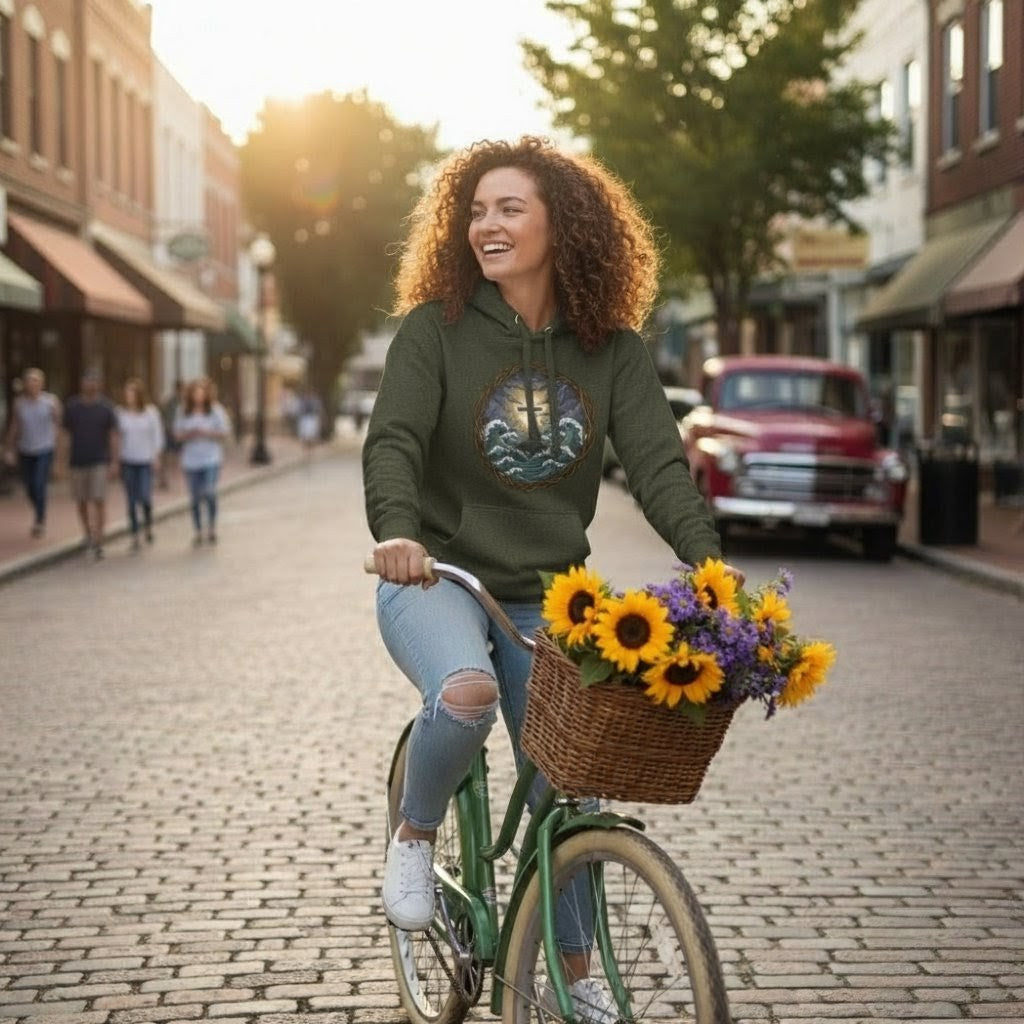 Woman riding a bicycle with a basket of flowers on a city street.