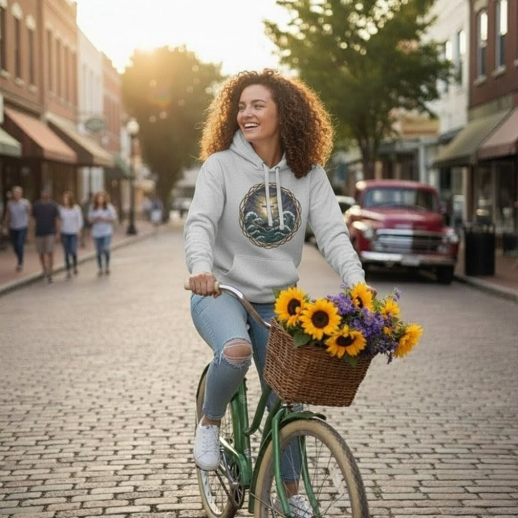 Woman riding a bicycle with a basket of flowers on a sunny street.