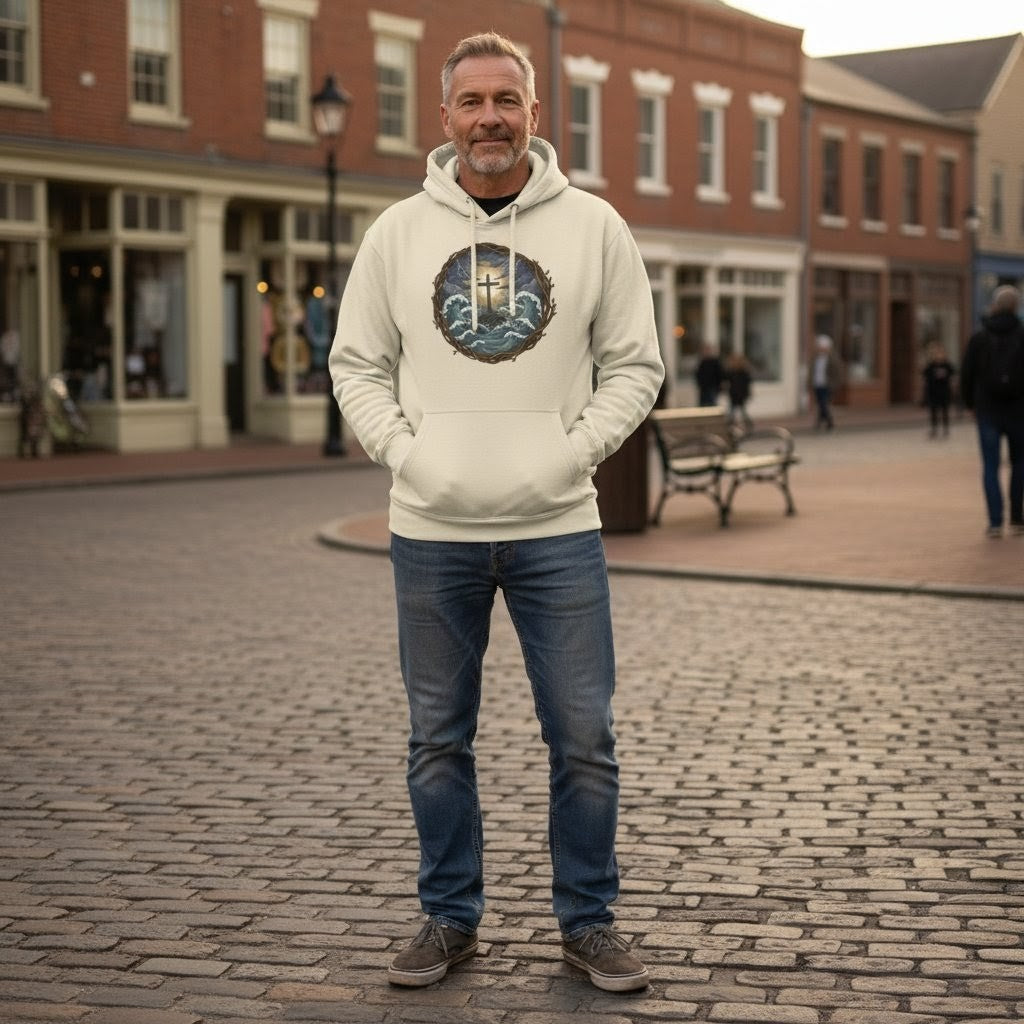 Man wearing a hoodie with a design on a cobblestone street