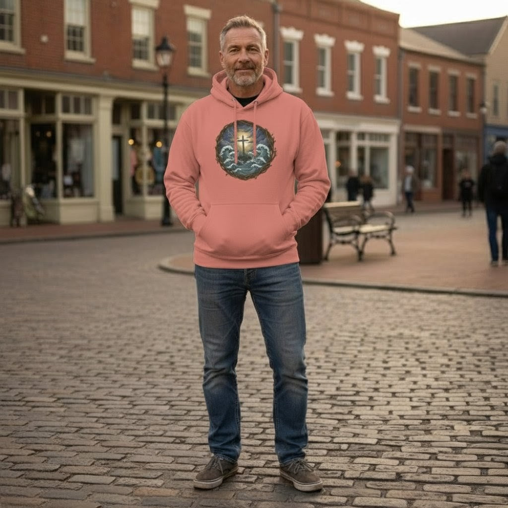 Man wearing a pink hoodie with a graphic design on a cobblestone street.