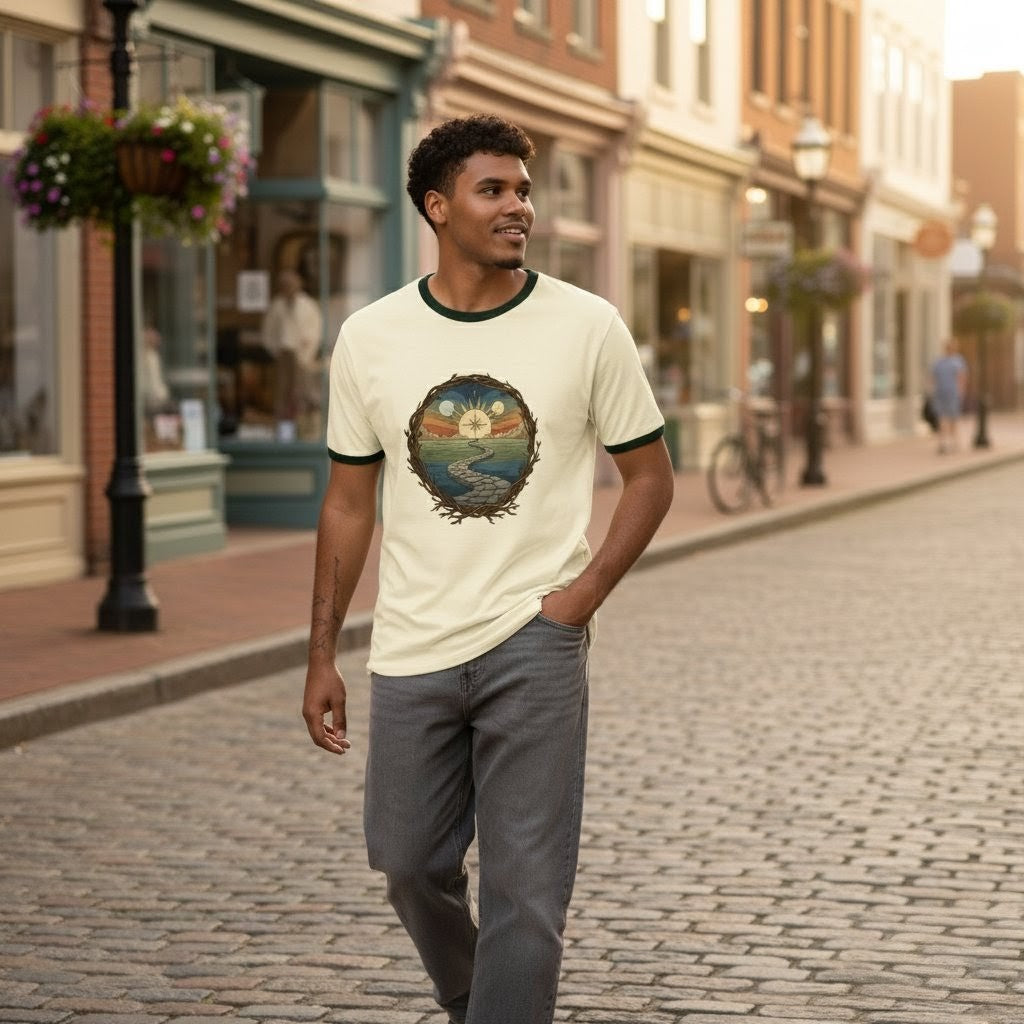Man walking on a cobblestone street wearing a t-shirt with a graphic design.