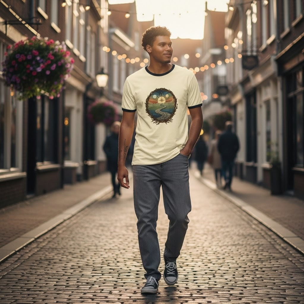 Man walking down a cobbled street wearing a t-shirt with a graphic design.