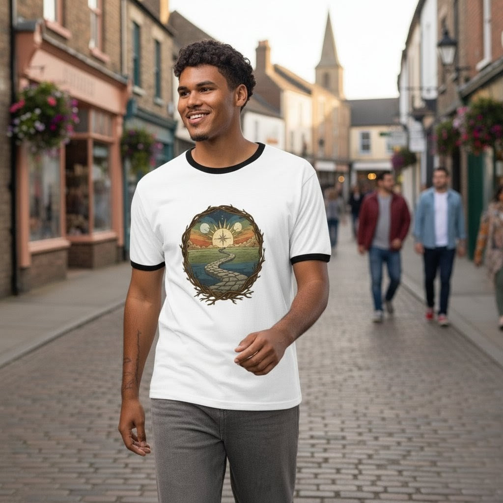 Man wearing a white t-shirt with a graphic design on a street.