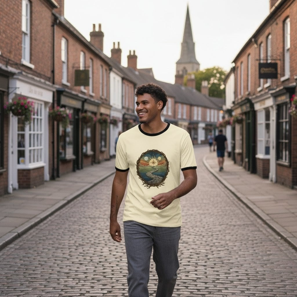 Man walking down a quaint street wearing a t-shirt with a colorful design.