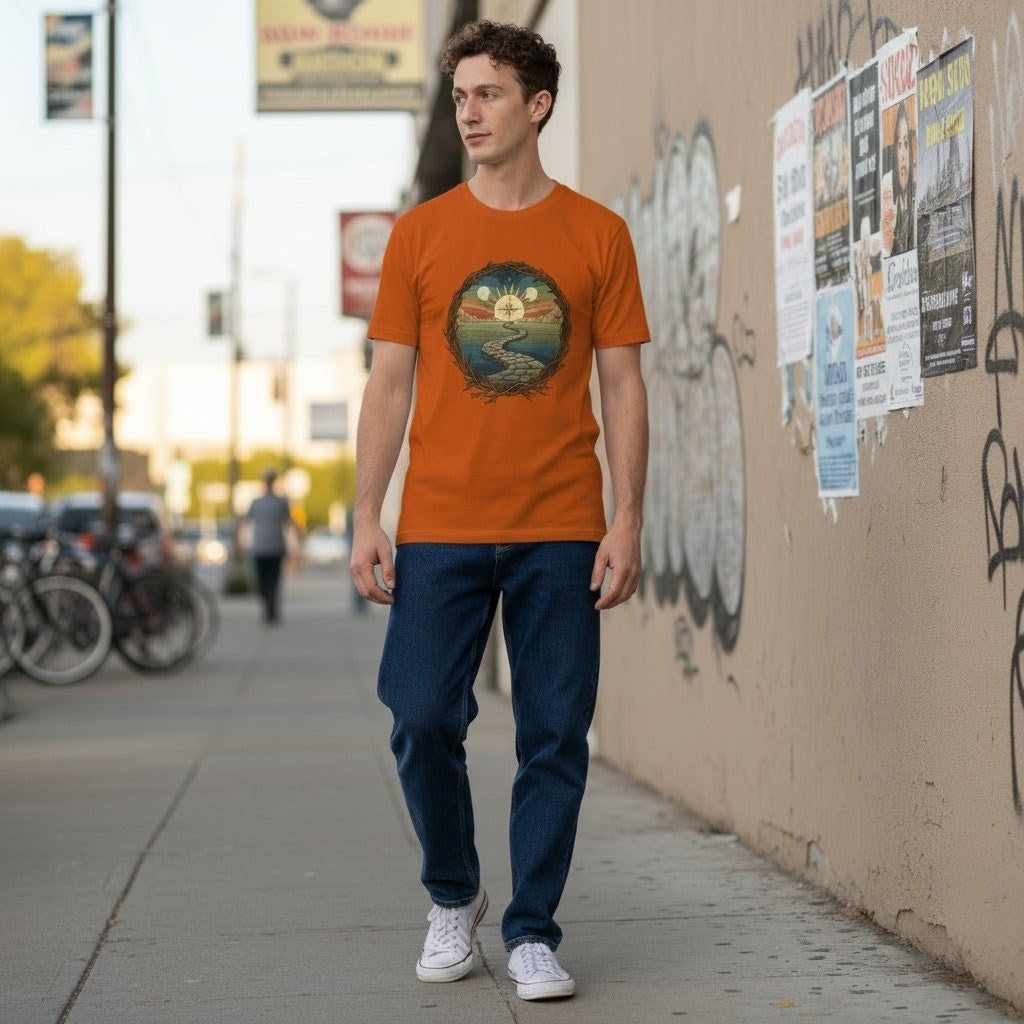 Man wearing an orange t-shirt with a graphic design, standing on a sidewalk with graffiti on a wall.