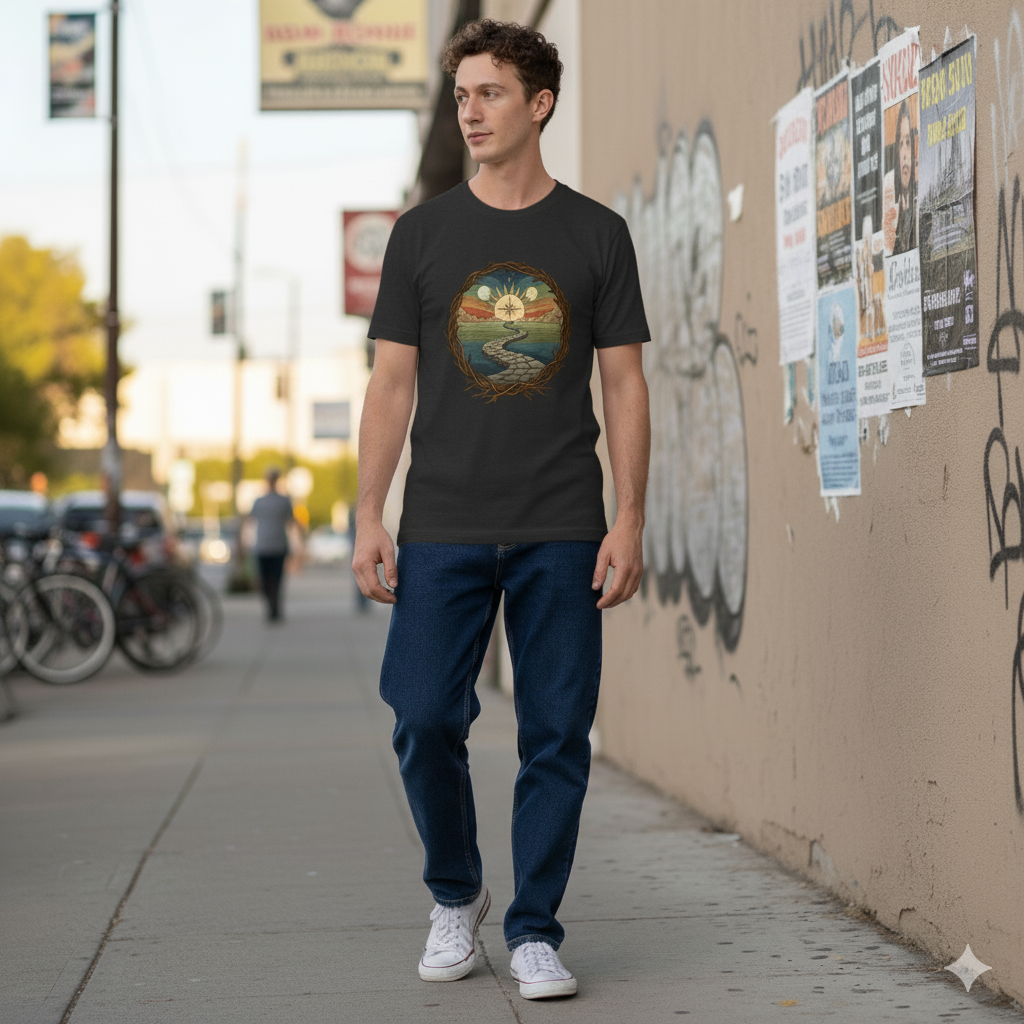Man walking on a sidewalk wearing a black t-shirt with a graphic design, blue jeans, and white sneakers.