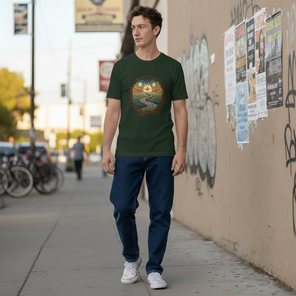 Man wearing a green t-shirt with a graphic design, standing on a sidewalk with graffiti on a wall.