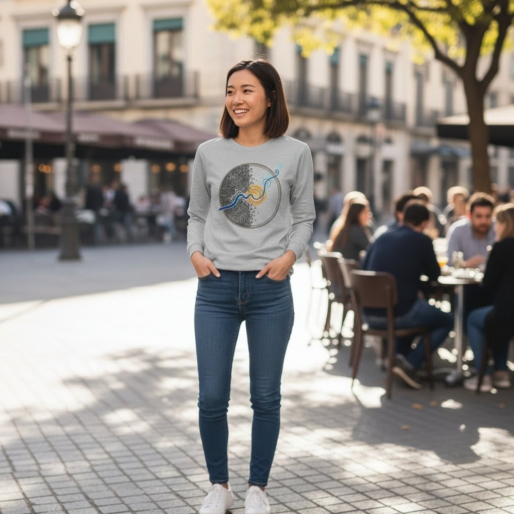 Woman wearing a gray sweatshirt with a graphic design on a city street.