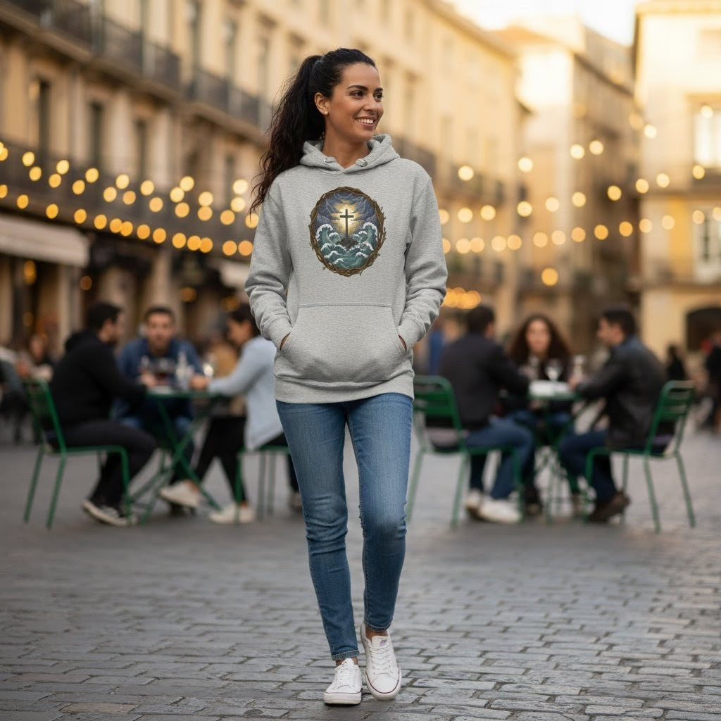 Woman wearing a hoodie with a design walking on a street with blurred people and lights in the background
