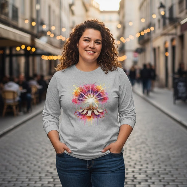 Woman wearing a gray sweatshirt with a colorful design on a city street.