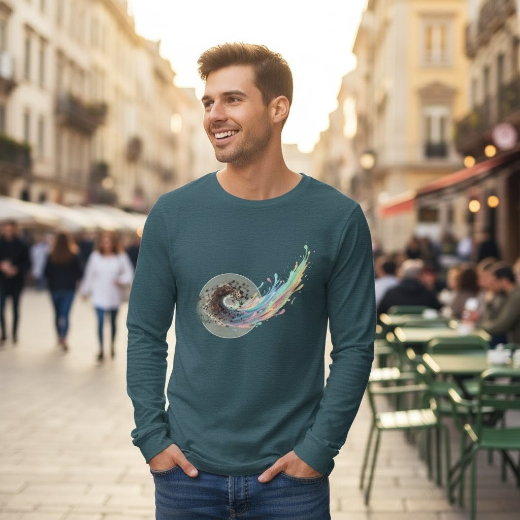 Man wearing a teal long-sleeve shirt with a colorful graphic on a city street.