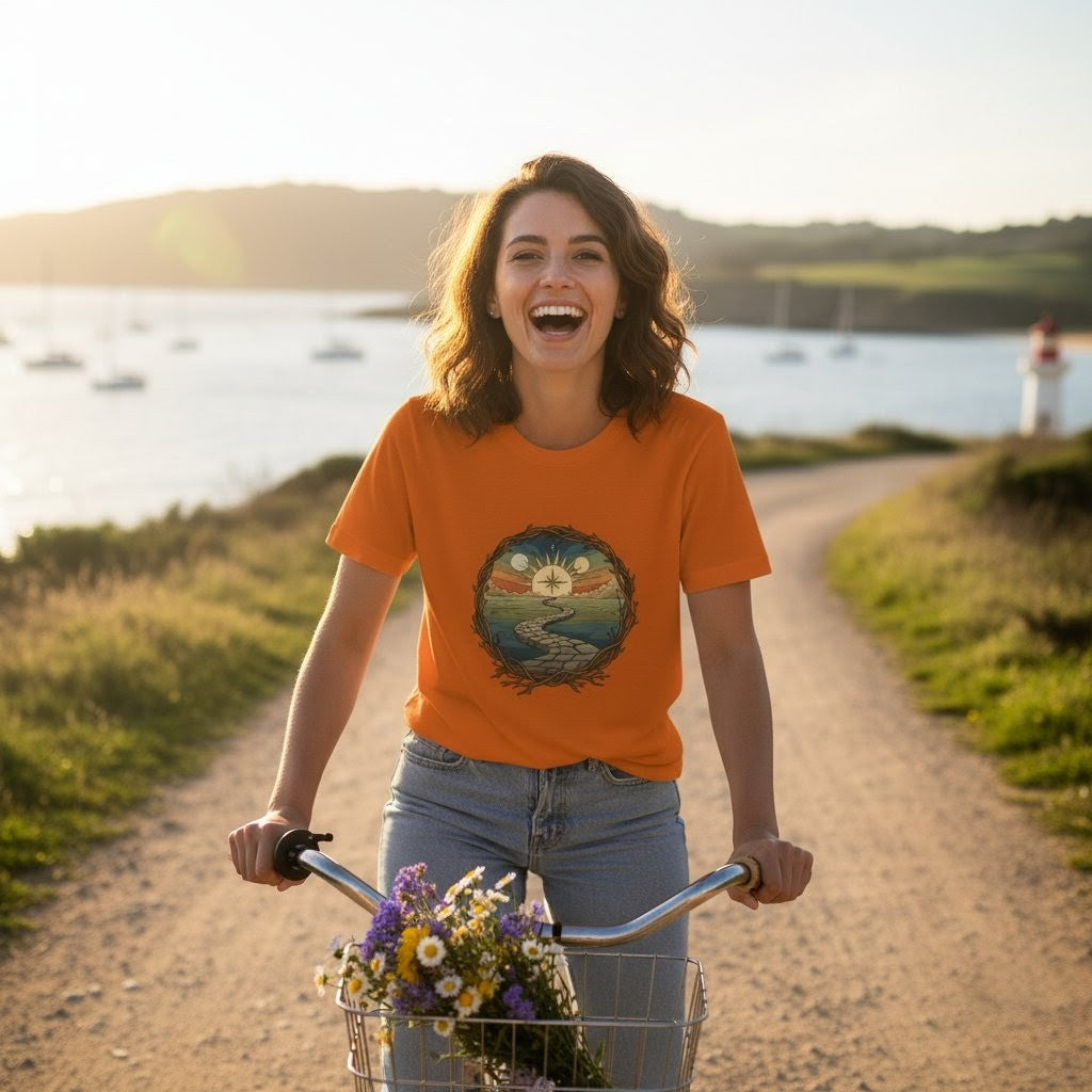 Woman in an orange shirt with a bicycle and flowers by a scenic waterfront.