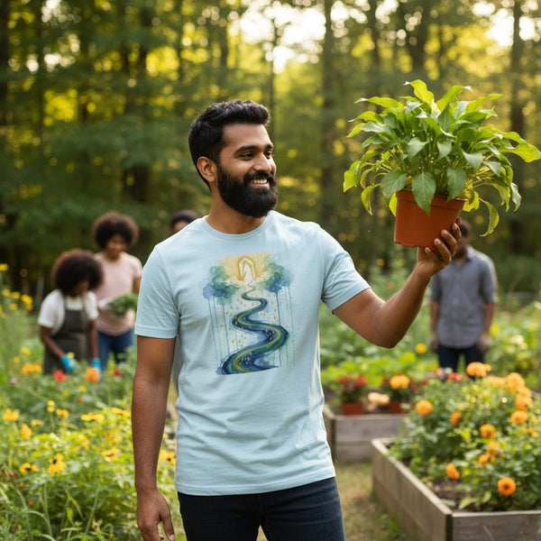 Man holding a potted plant in a garden with other people in the background